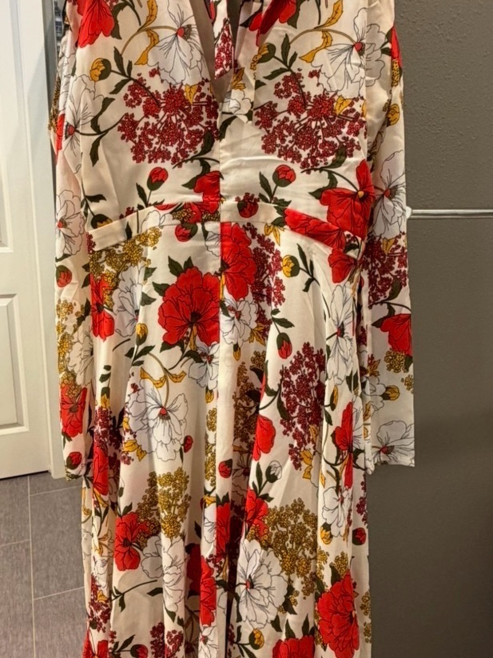 NWOTLong Sleeve Floral Maxi Dress — Cream with Red & Green Floral Print